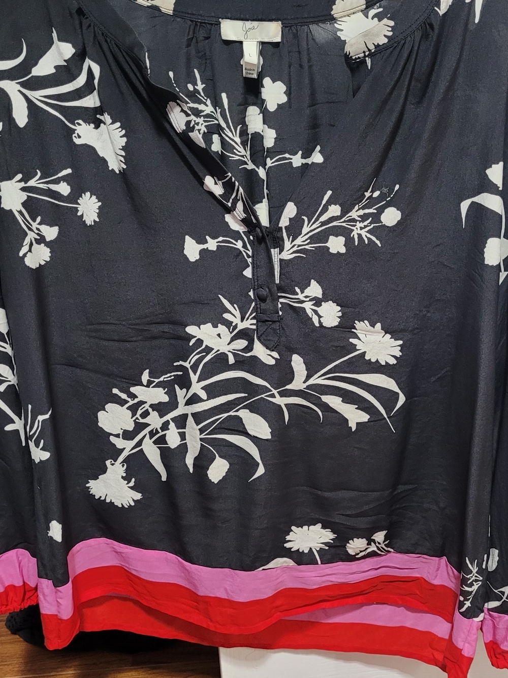Joie Black Floral Split-Neck Tunic with Pink & Red Hem